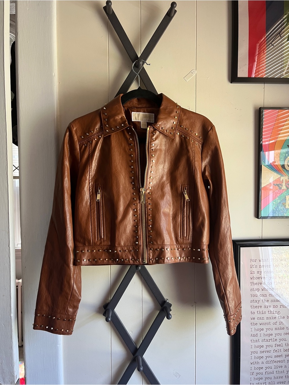 Women's Brown Studded Faux Leather Jacket
